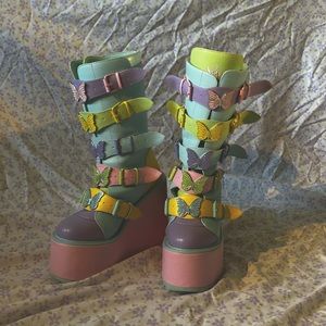 Pastel Butterfly Demonias, platforms; pink, green, yellow, blue/teal